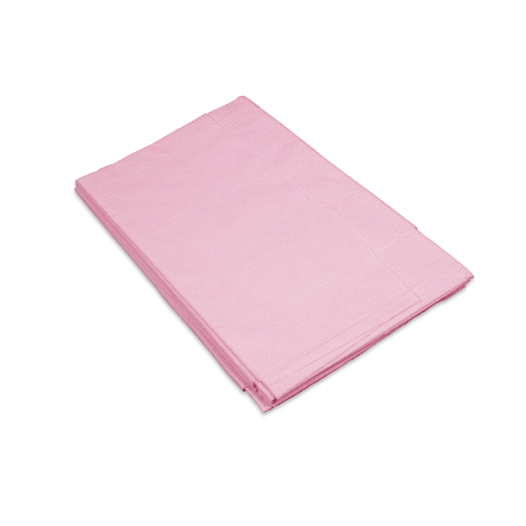 A stack of folded pink napkins rests on a white background, resembling Dynarex Exam Room Drape Sheets used in medical exam rooms.